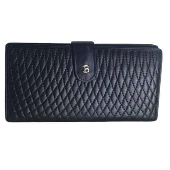 Bally Handbags - BALLY 80s Vintage Quilted Lambskin Logo Wallet Clutch Black Fold Zipper Bag Gold